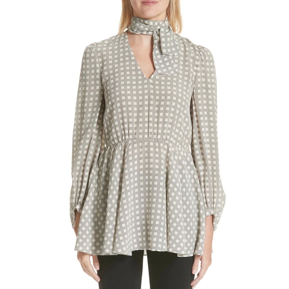 CO Houndstooth Plaid Tie Neck Silk Crepe de Chine Blouse Tunic